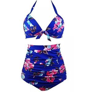 Blue bikini Floral High Waist Halter Swimsuit bathing suit retro L 1X 2X